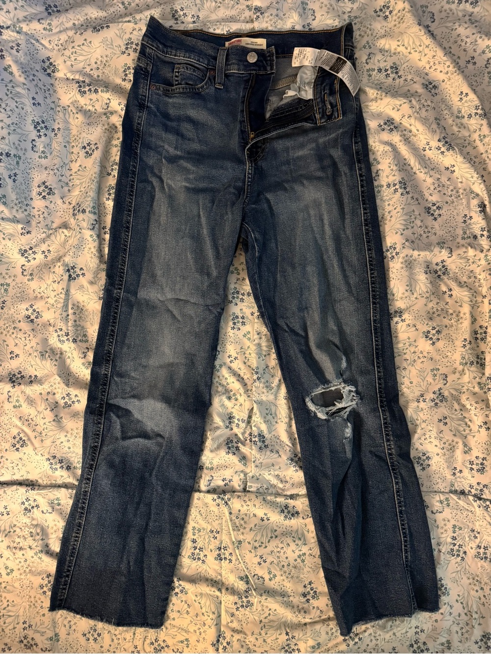 Dark Blue Women's Straight-Leg Jeans with Knee Distress